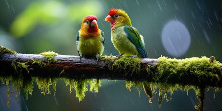 Tropical birds sitting on a tree branch in the rainforestの素材