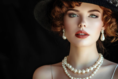Romantic woman portrait. Retro style girl wearing old fashioned hat, pearls necklace and earrings, retro hairstyle and make-up.の素材
