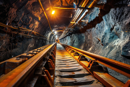 Rail conveyor in an underground tunnel. Transportation of ore or coal to the surfaceの素材