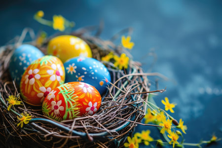 Beautiful decorated Easter eggs in a nest. Spring holidayの素材