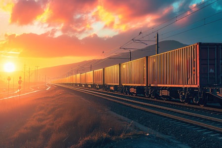 Cargo train at sunset. International train transportの素材