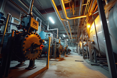 Industrial boiler interior with lots of pipes, pumps and valves.の素材