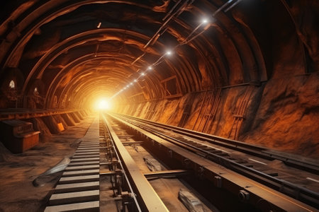 Rail conveyor in an underground tunnel. Transportation of ore or coal to the surfaceの素材