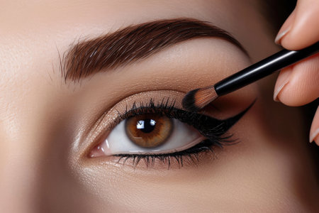 Makeup. Woman Applying Make-up closeup. Eyeliner. Cosmetic Eyeshadows. Eyeline brush for Make up. Beauty Girl with Perfect Skin.の素材