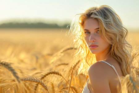 Beautiful blonde woman in a wheat fieldの素材