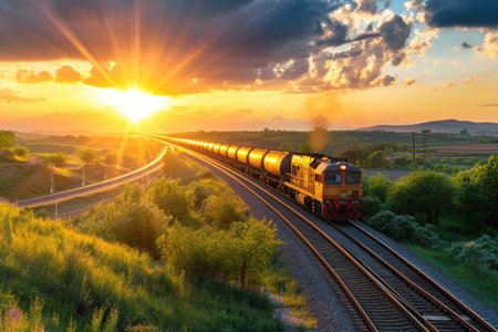 Cargo train at sunset. International train transportの素材