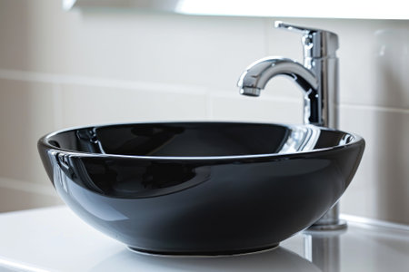 Black ceramic round sink and chrome faucets in the bathroom. Minimalist modern bathroom interior design.の素材
