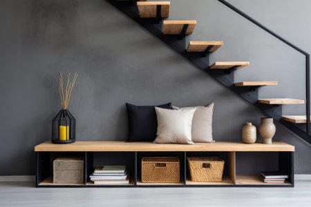 Entrance hall with staircase. Wooden bench against gray wall and modern staircaseの素材