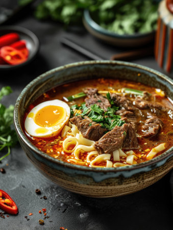 Curry soup with thick noodles, beef, egg, chili peppers served in a bowl. Chinese cuisine.の素材