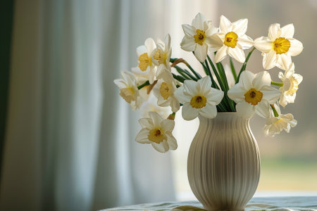 Blooming white daffodils in a decorative home vase.