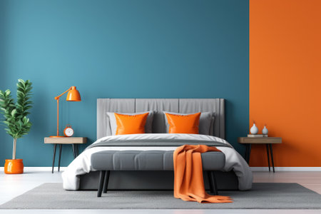Bed and bench against wall with copy space. Orange and blue tones. Art deco interior design of a modern bedroom.の素材