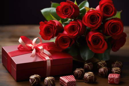 Red roses and box of chocolates for romance and valentines day giftsの素材
