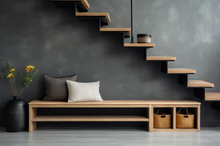 Entrance hall with staircase. Wooden bench against gray wall and modern staircaseの素材