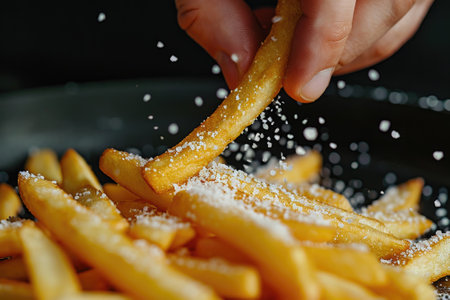 Detail shot of adding salt on french fries, Close-up.の素材