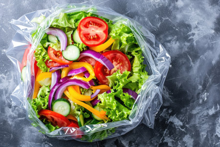 Fresh chopped salad vegetable in plastic food bag.の素材