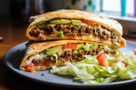 Homemade beef crunch wrap supreme. Supreme nachos cut in half and stacked on each otherの素材