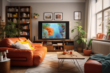 A living room with a TV and a couchの素材