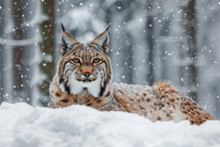 European lynx in a snowy forest in the winter.の素材