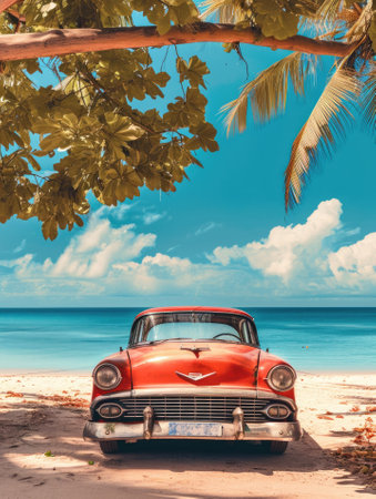 Red old car parked on a tropical beachの素材