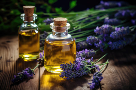 Herbal oil and lavender flowers on wooden backgroundの素材