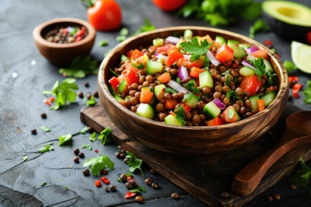 Lentil salad with veggies, healthy food, vegetarian and vegan snack.の素材