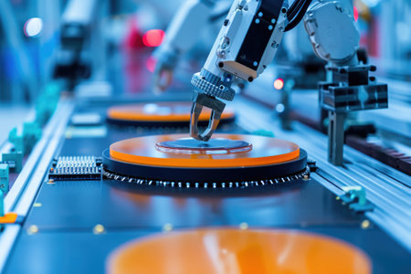 Robotic manufacturing of semiconductors and computer chips from silicon wafers. Modern technology conceptの素材
