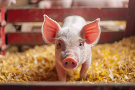 Cute piglet in farm. Happy and healthy little pig. Livestock farming.の素材