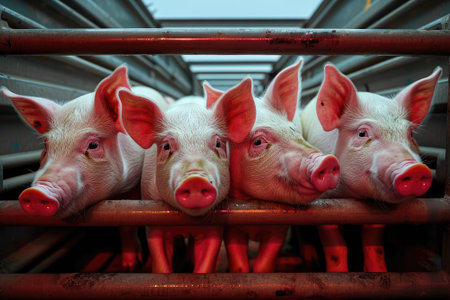 Pigs in truck transport from farm to slaughterhouse. Meat industry. Animal meat market.の素材