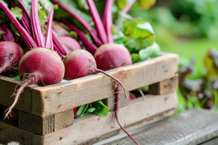 Harvest of fresh young beets in a wooden box.の素材