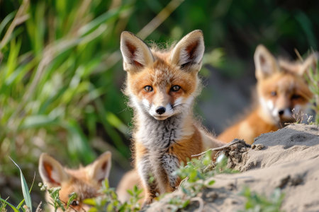 Red fox, cubs looking around near denの素材