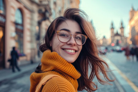 Happy lady with glasses posing on street in city.の素材