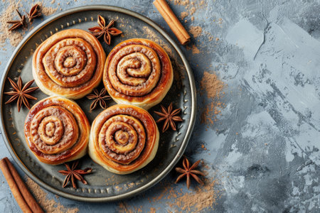 Homemade cinnamon rolls on a gray earthenware tray on a gray backgroundの素材