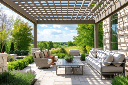 Cozy patio with sofas and a table. Pergola shade over patio.の素材
