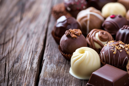 Dark, milk and white chocolate candies, pralines, truffles on wooden tableの素材