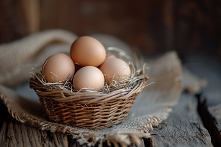 Chicken eggs in a basket.の素材