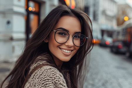 Happy lady with glasses posing on street in city.の素材