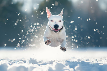 English bull terrier dog jumping in the snowの素材