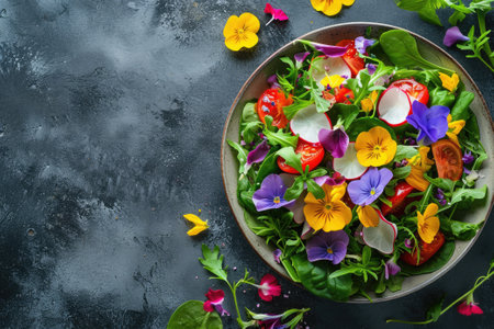 Fresh salad of spring vegetables decorated with edible flowersの素材