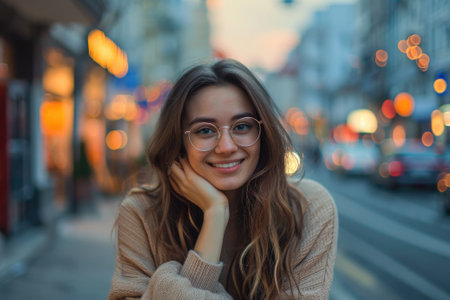 Happy lady with glasses posing on street in city.の素材