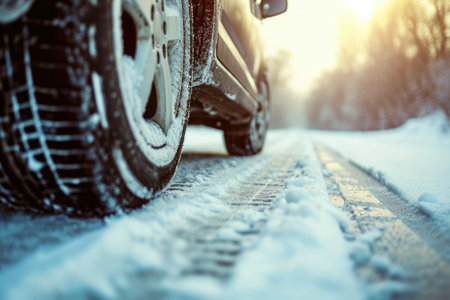Close-up image of a car tires on the road in winter.の素材