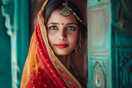 Indian woman wearing vibrant traditional saree.の素材