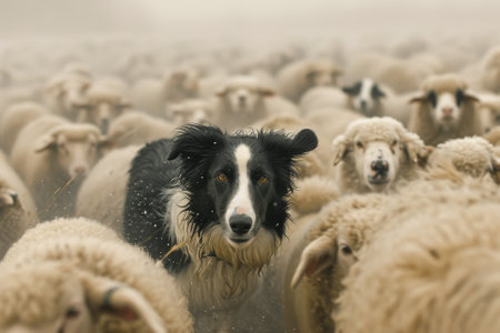 Border Collie sheep dog working a flock of sheepの素材