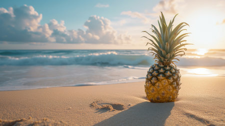 A pineapple on a sandy beach with the ocean in the background.の素材