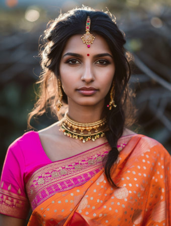 Indian woman wearing vibrant traditional saree.の素材