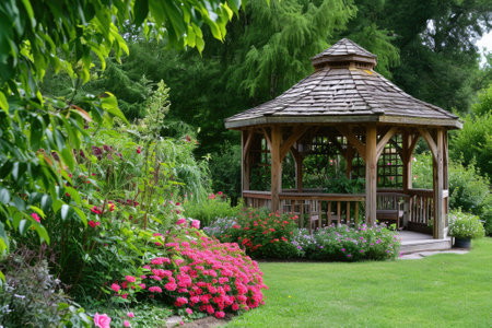 Gazebo with flowers in and garden.の素材