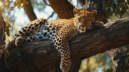 Leopard is resting on a tree trunkの素材