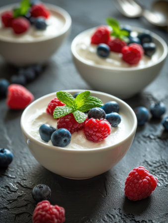 Curd dessert with cream, raspberries, and blueberries garnished with fresh mintの素材