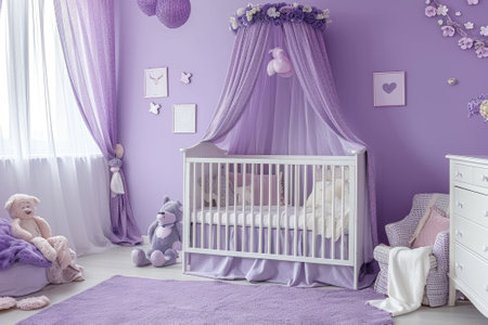 Purple baby room interior with cribの素材