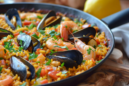 Delicious Spanish paella highlighting mussels and shrimps.の素材