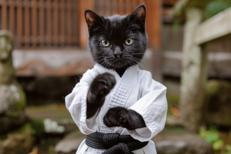 A cute black cat in a white kimono karate uniform takes an exercise pose.の素材